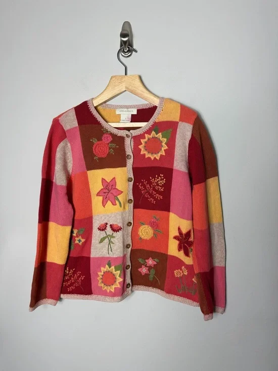 Vintage Appleseeds Ramie Cotton Cardigan Sweater Embroidered Fall Floral *o - Picture 1 of 10